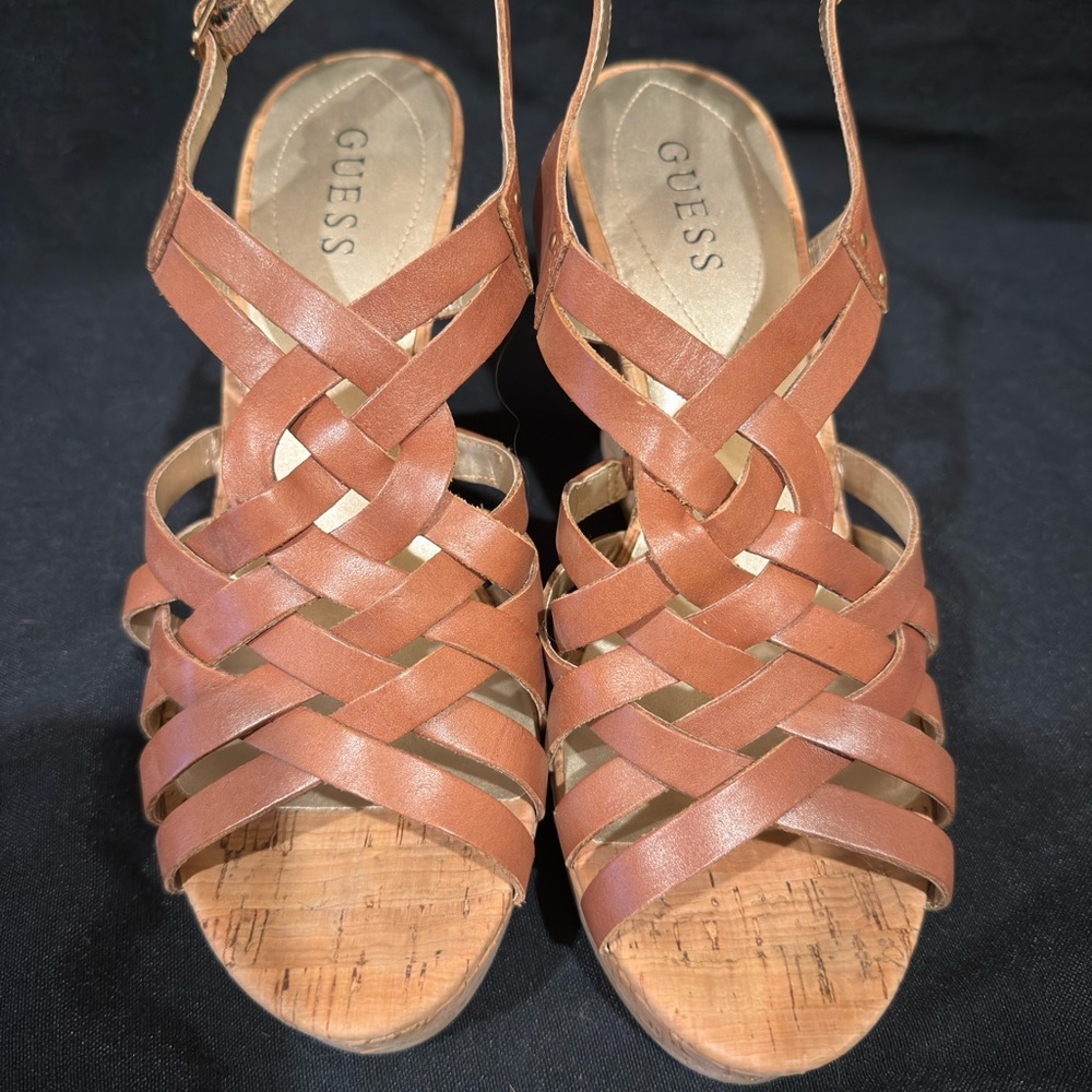 Guess Cork Wedge Brown Sandals with Woven Design